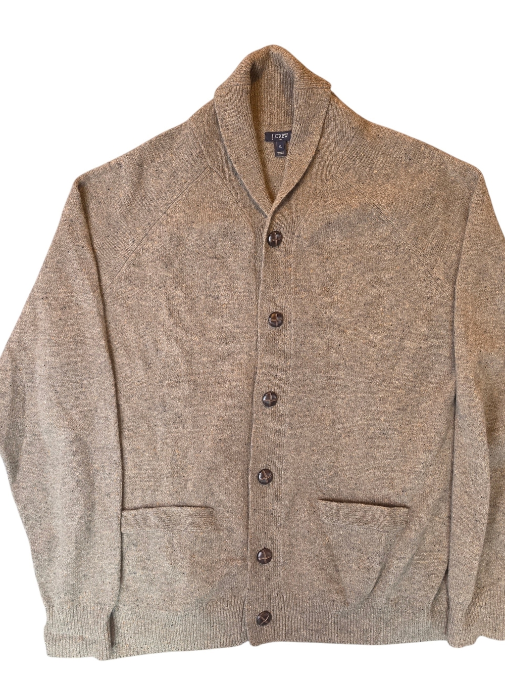 J. Crew Men's XL Shawl Collar Button-Up Sweater Cardigan Tan Fisherman Wool